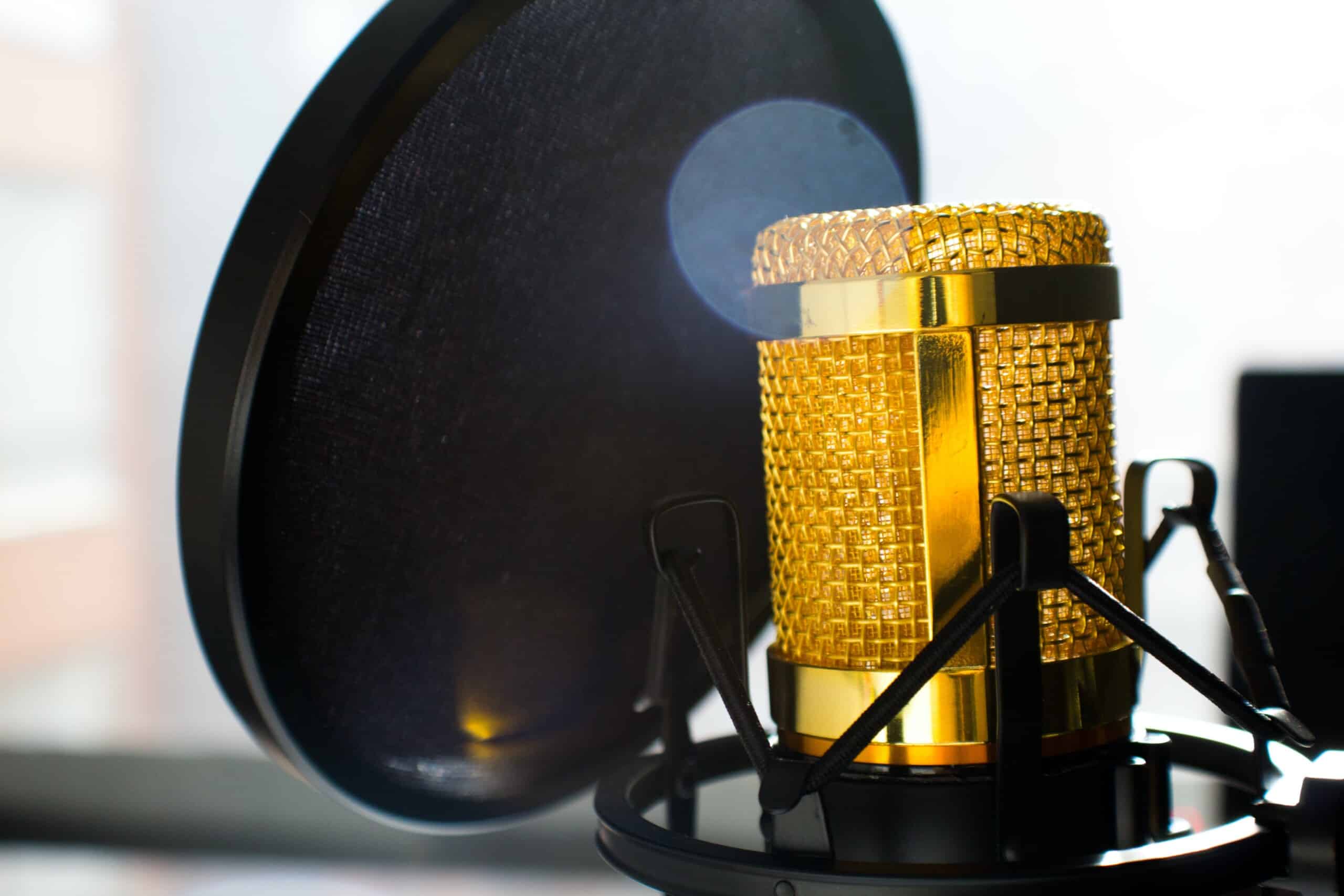 Ein goldenes Kondensatormikrofon mit einem davor positionierten Pop-Filter, eingerichtet für Aufnahmen in einer Studioumgebung.