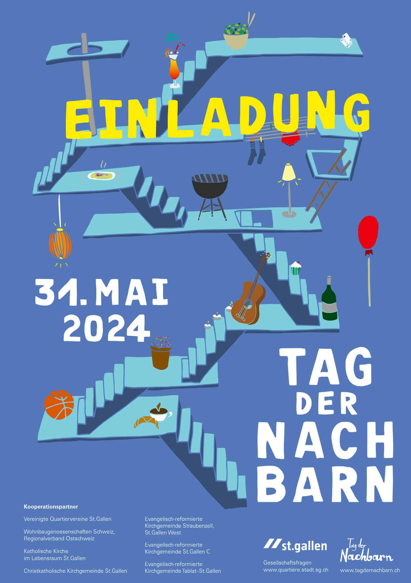 Illustriertes Plakat mit einer Wendeltreppe mit verschiedenen Haushaltsgegenständen und Personen, das für den „Tag der Nachbarn“ am 31. Mai 2024 in St. Gallen wirbt.