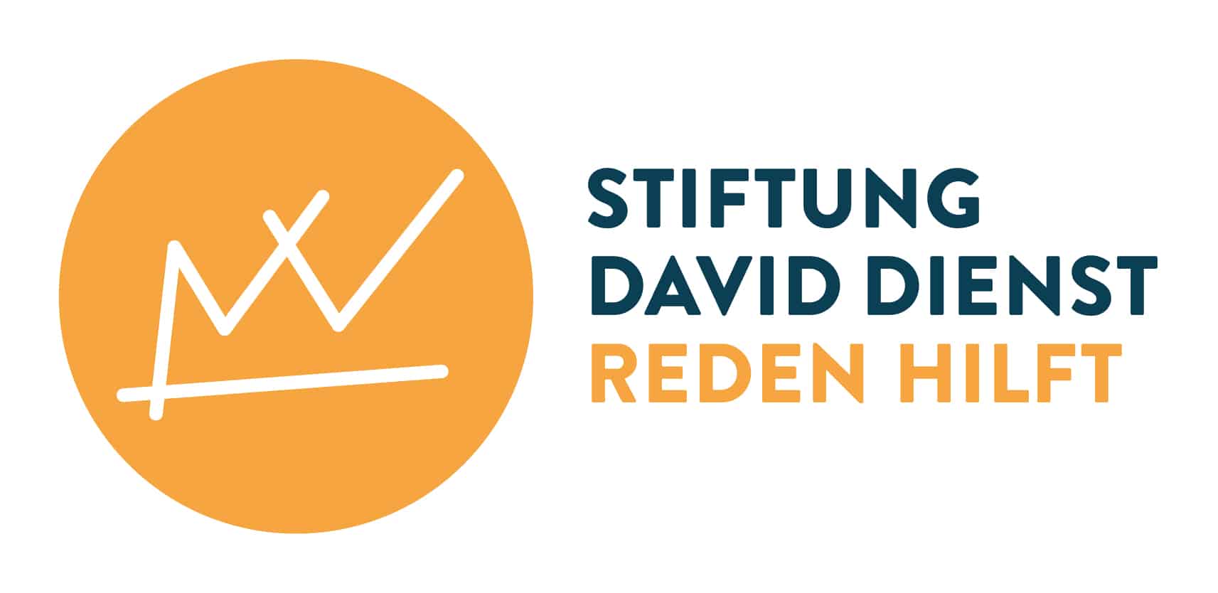 Logo mit einem orangefarbenen Kreis mit einem weißen Liniendiagramm und dem Text „STIFTUNG DAVID DIENST REDEN HILFT“ daneben.